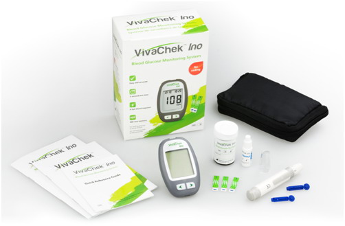 Medidor de glucosa en sangre, kit medidor azucar con tiras de 50,  recordatorios de prueba y 900 memorias por VivaChek Ino glucometro - mg/dL